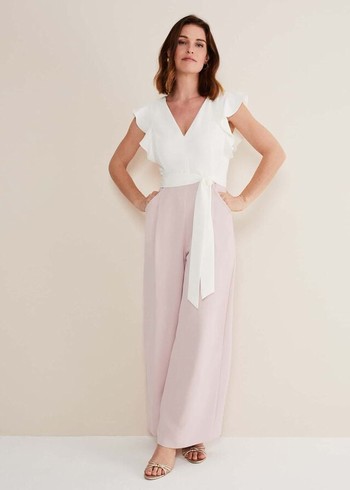 Phase Eight Kallie V Neck Frill Jumpsuit Rose/White USA | 8039541-YV